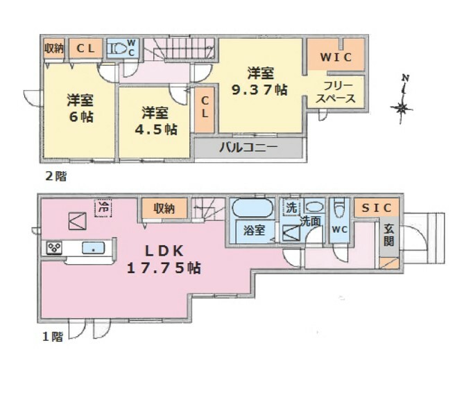 間取り図 ■建物面積:95.64平米の2階建て3LDK新築戸建