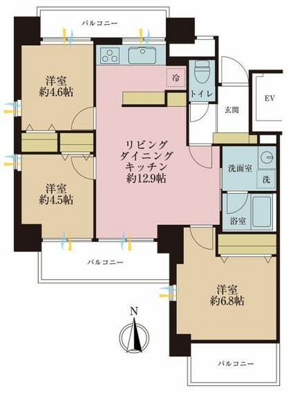 間取り図 3LDK、専有面積62.70平米、バルコニー面積13.97平米