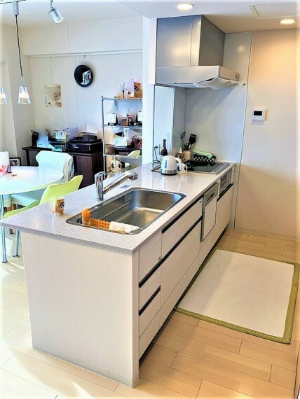キッチン 対面式システムキッチンは収納が豊富で食器洗い乾燥機や蛇口一体型浄水器などうれしい設備もタップリです
