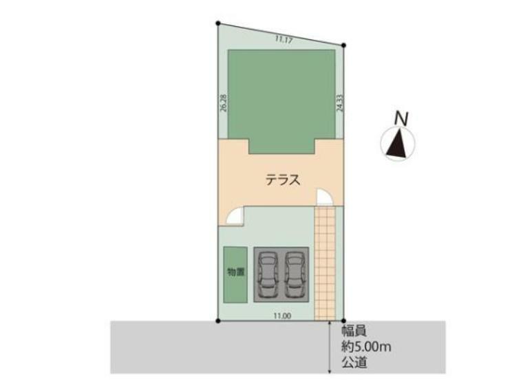 区画図 家庭菜園やガーデニングも楽しめる敷地広々84坪！ 駐車場は並列2台可（車種による）通勤やお子様の送り迎えなど、車移動がメインの方にも嬉しいですね。