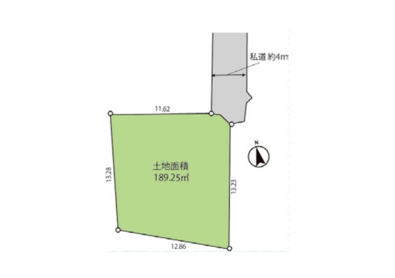 区画図 土地面積189.25平米、約57.2坪の広々とした土地です