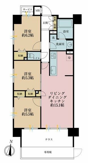 間取り図 3LDK、専有面積69.00平米、テラス面積9.56平米