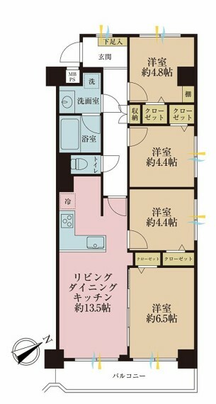 間取り図 4LDK、専有面積76.32平米、バルコニー面積7.5平米