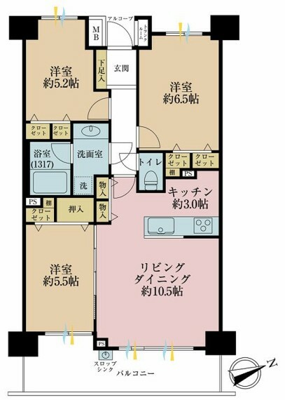 間取り図 3LDK、専有面積67.67平米、バルコニー面積11平米