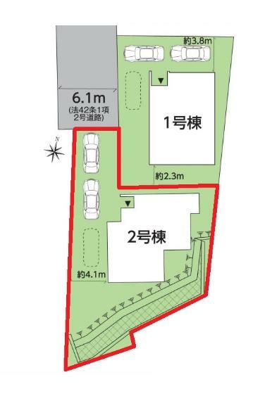 【2号棟区画図】土地面積240.78平米（72.83坪）・駐車3台可能（車種によります）