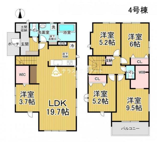 間取り図 4号棟:全室フローリングでお掃除も楽々の間取り。1・2FにWIC付きで収納も充実です。