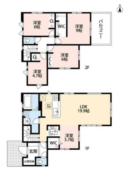 間取り図 土間収納、WIC、洗面収納など収納箇所豊富。2階は洋室が4部屋あるので、お子様が大きくなっても安心です。