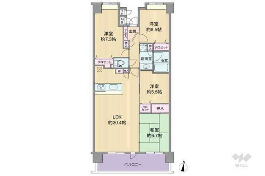 間取り図 間取りは専有面積94.11平米の4LDK。バルコニー面積は12.54平米です。