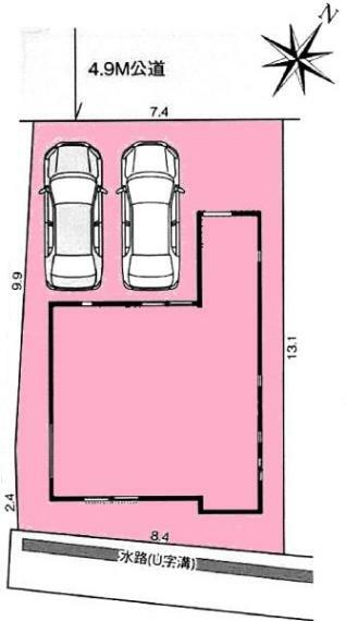 区画図 敷地面積:100.15平米　お車は2台駐車可能（車種による）