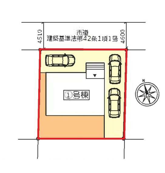 区画図 【1号棟区画図】土地面積170.00平米（51.42坪）・駐車3台可能（車種によります）