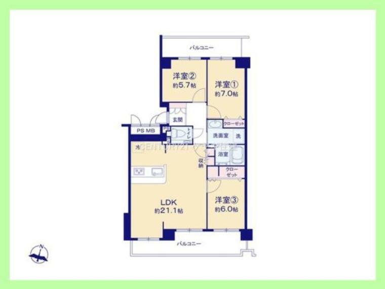 間取り図 3LDK。専有面積87.14平米。バルコニー面積21.78平米。収納豊富な全室収納付。
