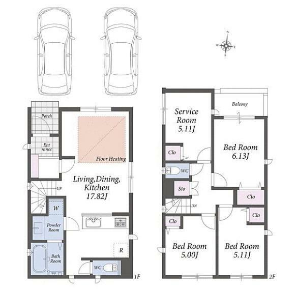 間取り図 1号棟: ゆとりある17畳超のLDKは料理をしながら会話のできる対面式キッチン採用水回りを1階にまとめ暮らしやすい生活動線を意識した設計となっています全居室収納付きで住空間広々です