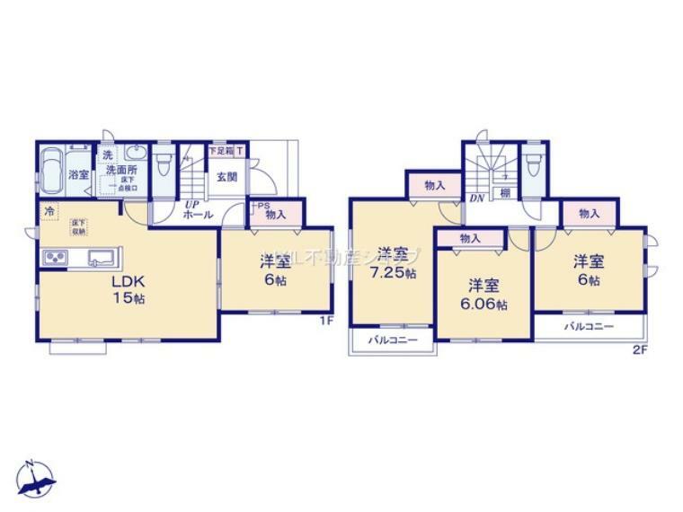 間取り図 15帖のリビングは全体が見渡せる人気の対面キッチンになっております。 全室南向きの採光のとれた明るい物件になっております。