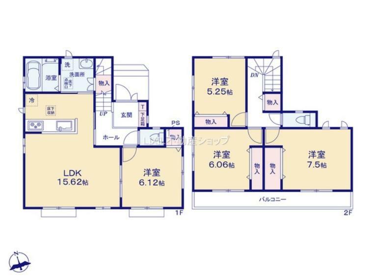 間取り図 リビングは15.6帖のLDKに6.1帖の洋室が続いているため、開放感のある物件になっております。 2階にはワイドバルコニーを採用し、陽当りと風通しの良好な物件です。