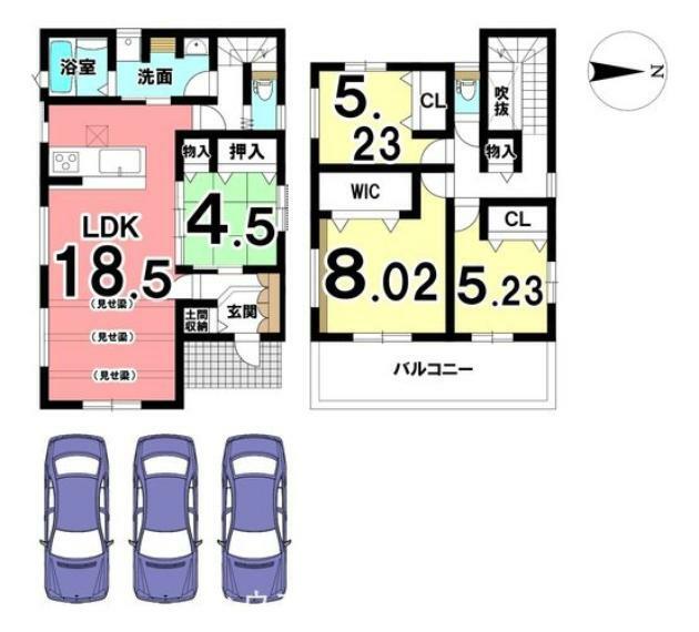 間取り図 18.5帖の広々LDKが自慢の物件！全居室や廊下、洗面室にも収納を確保しております。駐車は並列で3台可能です