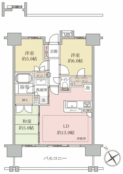 間取り図 南西向き！3LDK！陽当り良好！専有面積65.30平米。収納豊富で住空間もスッキリ。居室空間をより広く使用できます。