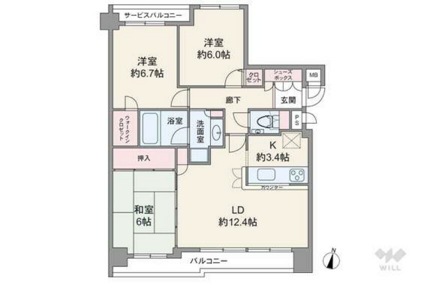 間取りは専有面積77.43平米の3LDK。全個室6帖以上・センターインのプラン。LDKと和室が続き間で、間の襖を開放して約21.8帖の大空間としても使用出来ます。