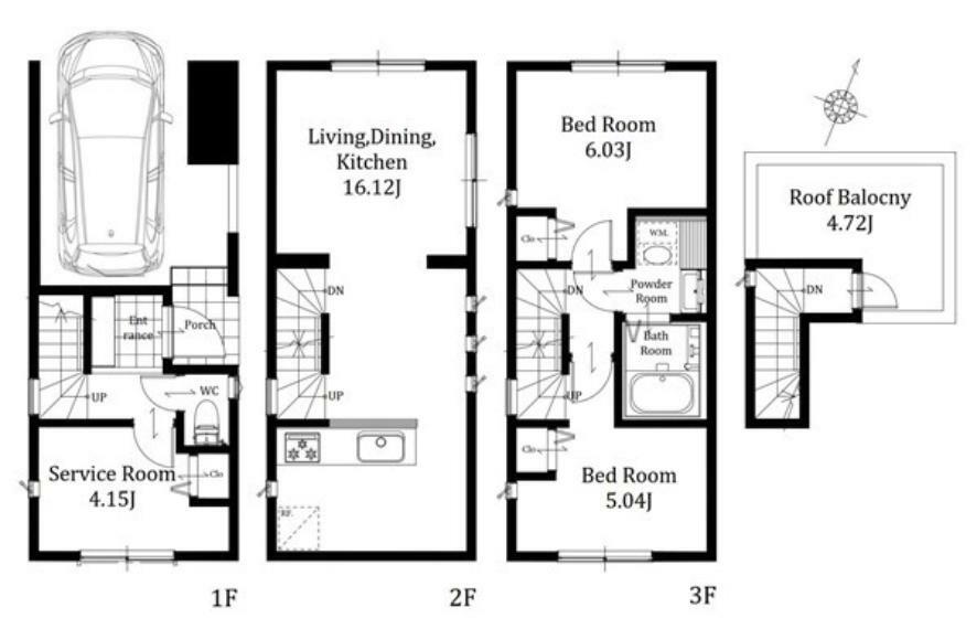 間取り図 1号棟: LDKと居住スペースの階層を分けることでお互いのプライバシーをしっかり確保できますキッチンには食洗機や浄水器が装備されており時間を有効的に使うことができます