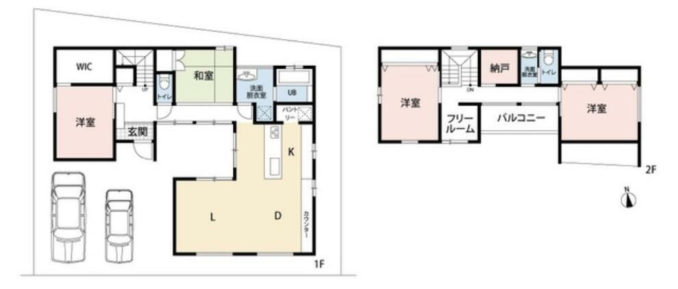 間取り図 1階は広々としたLDKと独立和室1部屋、独立洋室1部屋。LDKと和室で囲うようにして中庭があります＾＾2階には洋室2部屋と納戸・フリールーム付き＾＾