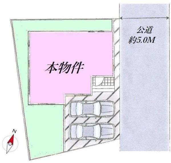 区画図 前面ゆとりの5M道路。駐車快適、間口広々敷地＆カースペース2台可。