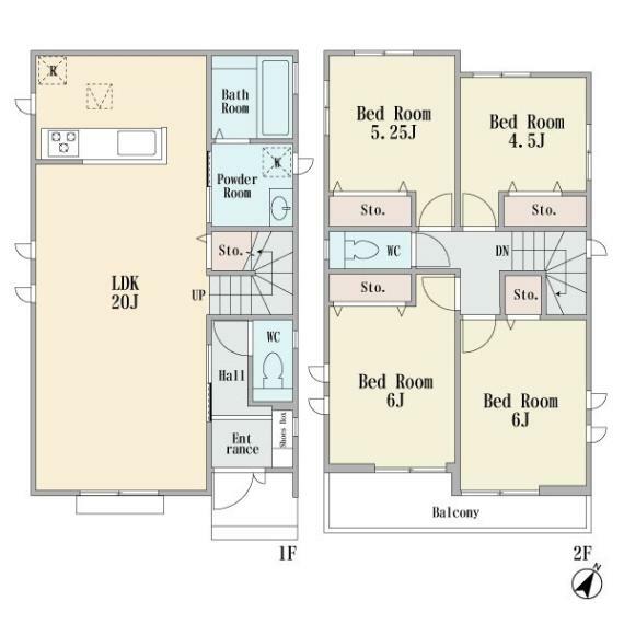 間取り図 新築分譲2階建ての大型4LDKです　カウンターキッチン　床下収納　LDK20帖　リビングイン階段　ワイドバルコニー　東南公道8M　カースペース並列2台