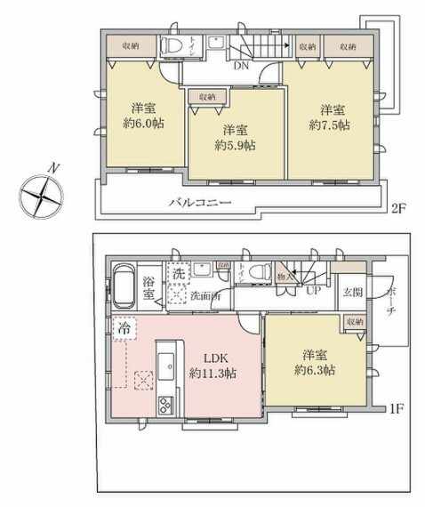 間取り図 4LDK、リビングダイニングキッチンと1階洋室は扉によって仕切ることも広くお使いになることも可能です