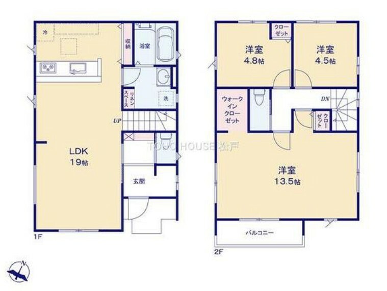 間取り図 角地に佇む1号棟には沢山の日差しが差込み、明るく暖かな空間が演出出来ます！2階は、家族構成に合わせて間取り変更が可能になっております。是非一度ご見学を！