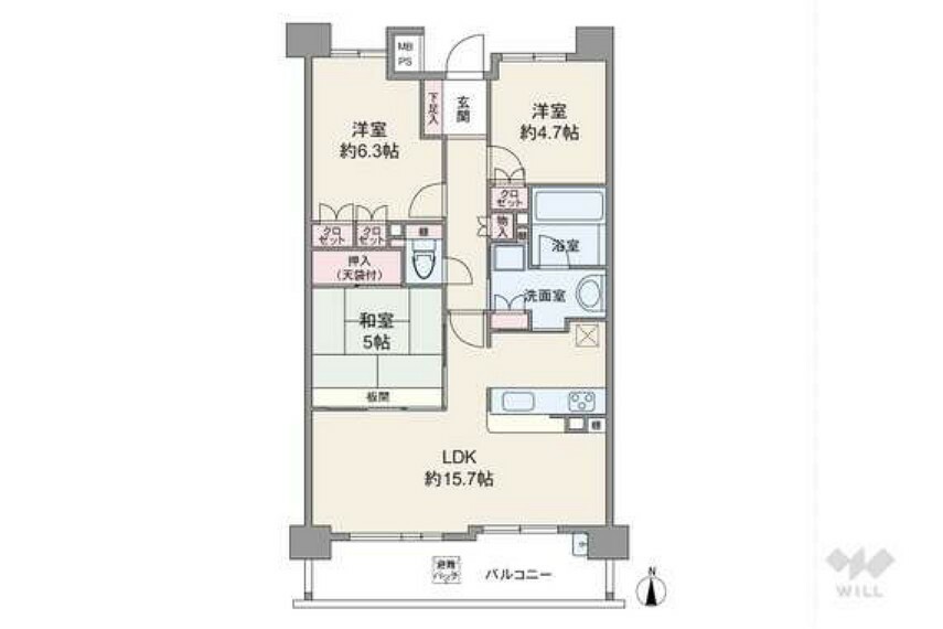 間取り図 間取りは専有面積70.46平米の3LDK。LDK約15.7帖のプラン。複数方向に採光部があり、バルコニー面積は10.99平米です。