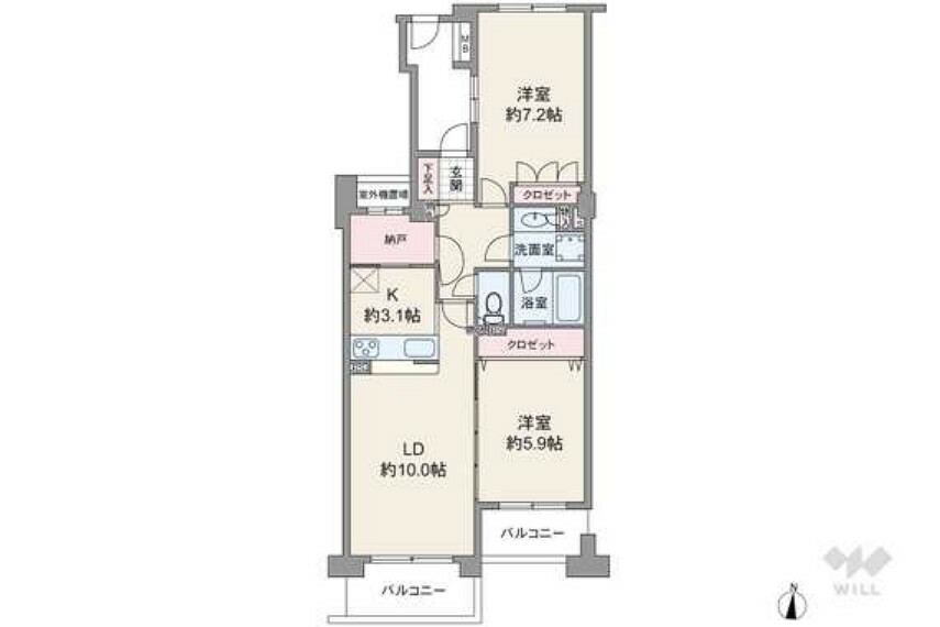 間取り図 間取りは専有面積61.97平米の2LDK。個室は2部屋とも洋室仕様で、バルコニー側の洋室はLDKとつなげて使うことができます。