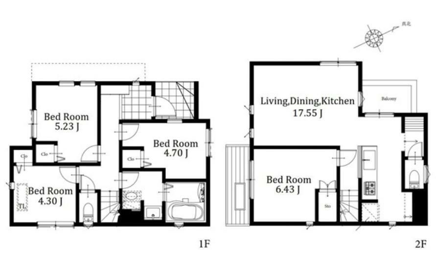間取り図 2階に配置したLDKはゆとりある17.5畳全居室収納付きで住空間もスッキリ1階4.3畳の居室はトップライトが付いており暖かなひかりが降り注ぐ明るい空間です