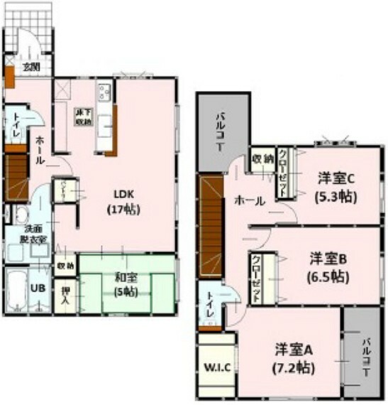 間取り図 2号棟:リビングに隣接した和室と合わせると22帖の広々空間に！パントリーやWIC付きで収納も充実です