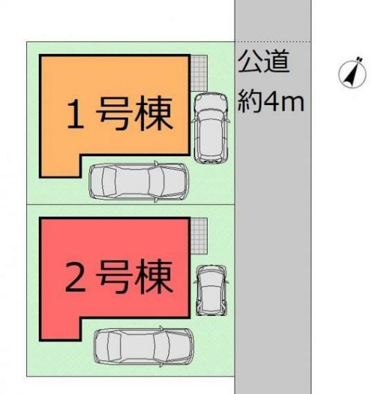 区画図 全棟南向き＋ゆとりある敷地に全棟2台駐車可能なゆとりのカースペース付き