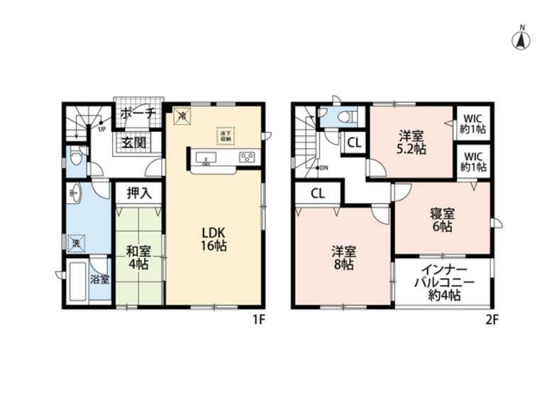 間取り図 和室含む4LDK。洗面室広々＾＾2階に3洋室、各室十分な広さを確保＾＾