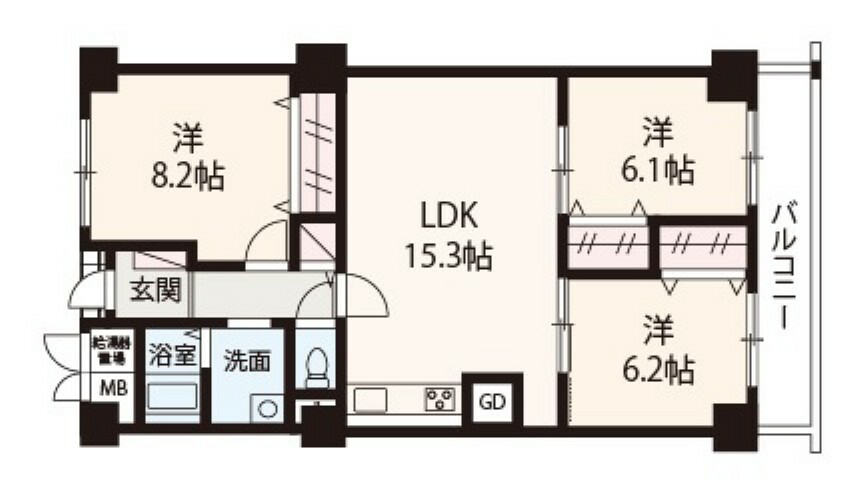 間取り図 リノベーション物件！地上8階建の最上階、南向きで陽当り・眺望良好。全居室6帖以上のゆったり3LDK！