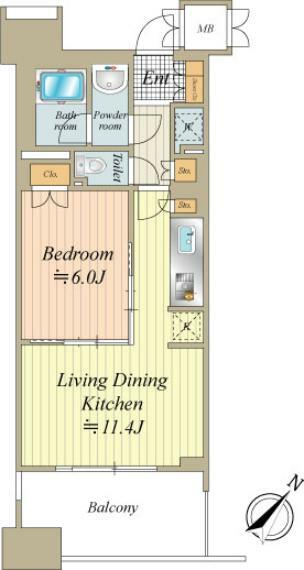 間取り図 【間取り】 専有面積:42.90平米　6階部分　南東向き住戸 眺望良好・通風良好・陽当り良好 バルコニーの広さは8.36平米と奥行きがしっかりあります