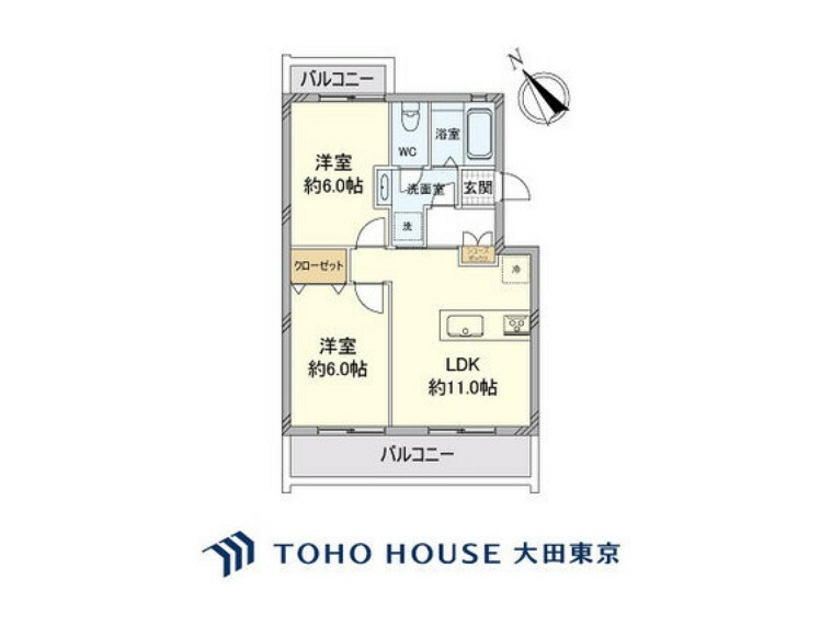 間取り図 2LDK、専有面積44.2m2、バルコニー面積9.69m2