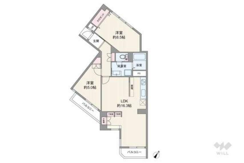 間取りは専有面積69.57平米の2LDK。LDK約16.3帖のプラン。複数方向に採光部があり、バルコニー面積は6.18平米です。