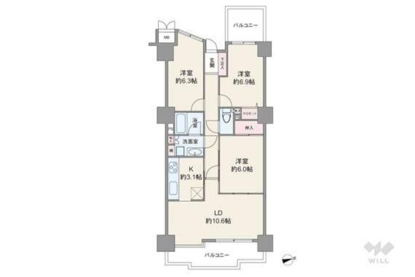 間取り図 間取りは専有面積69.28平米の3LDK。キッチンと洋室1室が2WAYの家事動線・生活動線に配慮されたプラン。全個室6帖以上のゆとりある造り。バルコニーは2面あり面積は13.21平米です。