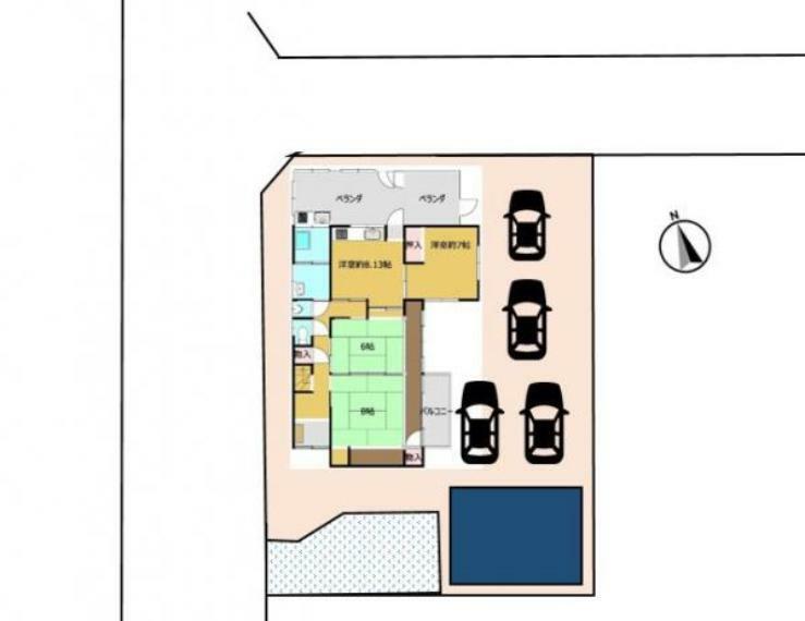 区画図 【区画図】駐車場は4台分あり、南側には畑、倉庫がございます。広いので、お客様好みでカーポートを設置することも可能です。
