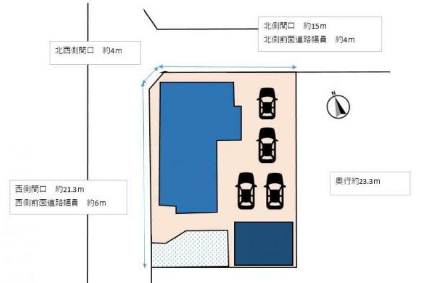 【区画図】駐車場は4台分あり、南側には畑、倉庫がございます。広いので、お客様好みでカーポートを設置することも可能です。