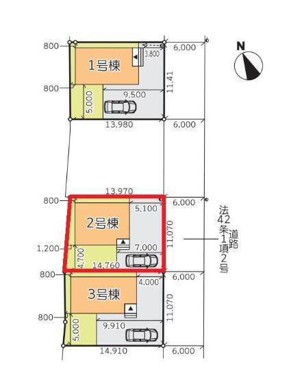 区画図 【2号棟区画図】土地面積159.24平米（48.17坪）・駐車3可能（車種によります）