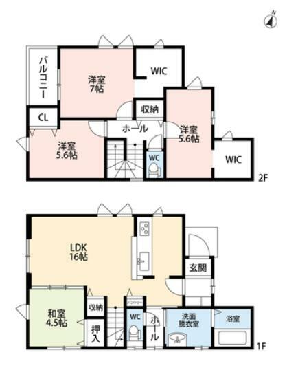 間取り図 家族と顔を合わせる機会の多いリビング階段採用。WIC2か所、リビングや2階廊下にも収納スペースを確保しています＾＾