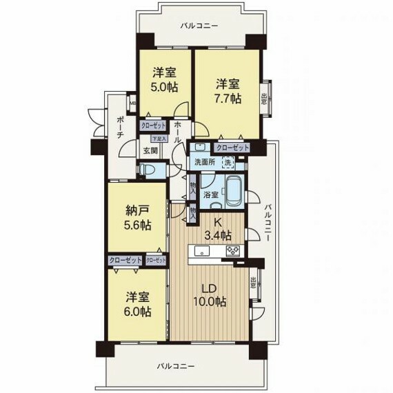 間取り図 【間取り図】広々3LDK＋納戸、三面バルコニーで彩光も取れています。