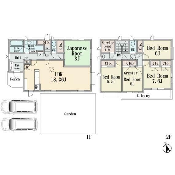 間取り図 三井ホーム施工の注文住宅です　カースペース並列2台　お庭有り　大型5LDK　LDK18.36帖　カウンターキッチン　勝手口　和室8帖　堀こたつ　屋根裏収納　納戸1.9帖　床下収納