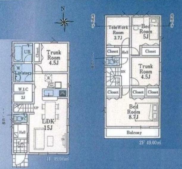 間取り図 コミュニケーションが豊かになるリビングイン階段。居室としてお使いいただける4.5帖納戸×2。リビングにウォークインクローゼット付き！2階にはテレワークルーム！