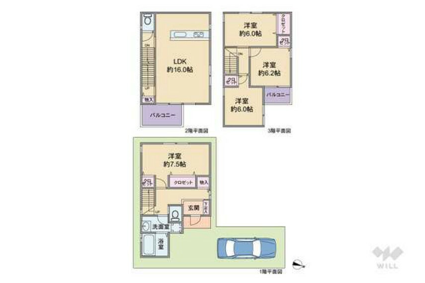 間取り図 間取りは延べ床面積100.44平米の4LDK。全部屋洋室の2階リビングのプラン。全部屋6帖以上の広さがあります。