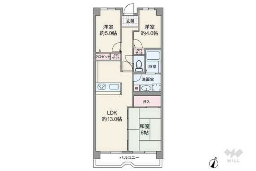 間取り図 間取りは専有面積63.28平米の3LDK。キッチンから洗面室にアクセスしやすく家事動線の優れたプラン。和室は襖を開放しリビングの延長としても使用可能。バルコニー面積は8.19平米です。