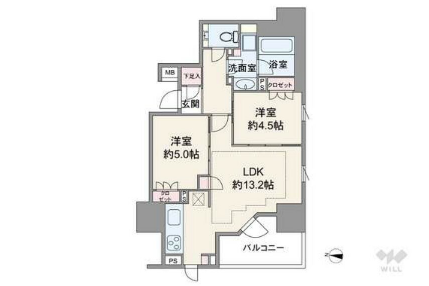 間取りは専有面積56.06平米の2LDK。全居室洋室仕様のプラン。個室2部屋はどちらもLDKから出入りする造りで、間仕切りを開放すればLDKとつなげて使うこともできます。