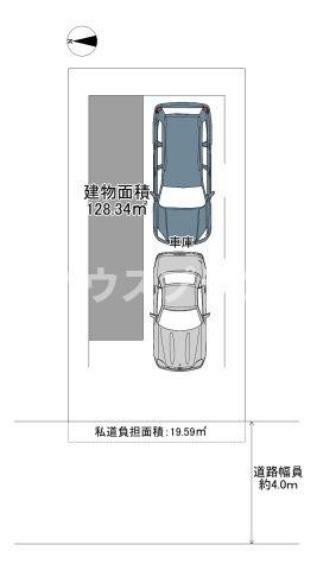 区画図 建物の面積と前面道路の広さを表した図面です。 こちらの物件は木造　階建ての構造となっており、 建物面積は　128.43平米です。 駐車スペースは　2台分確保されています。