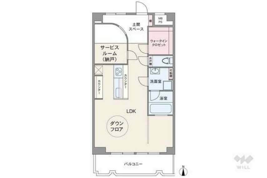 間取りは専有面積61.22平米のLDK＋サービスルーム。広々とした土間スペースと円形状のダウンフロアが魅力のプラン。土間スペースとサービスルームの間のアールを描く壁が特徴的です。浴室にLDKに面した窓があるのもポイント。バルコニー面積は8.54平米です。